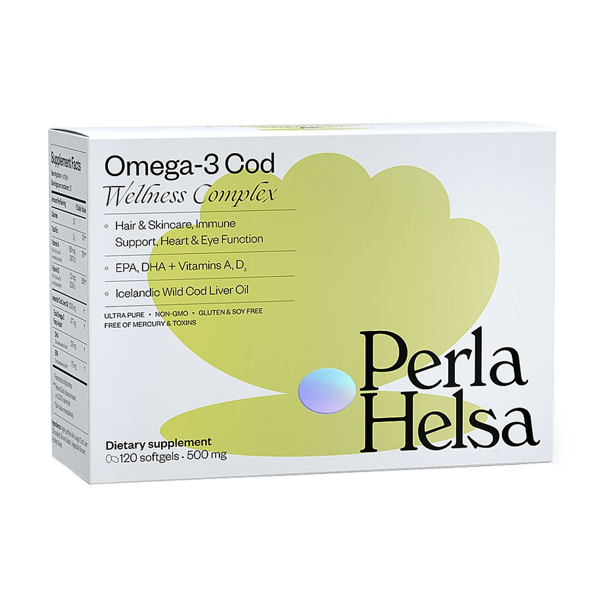 Омега-3 Perla Helsa Omega-3 Cod Wellness Complex з тріски, з вітамінами А, D3, 500 мг, 120 капсул